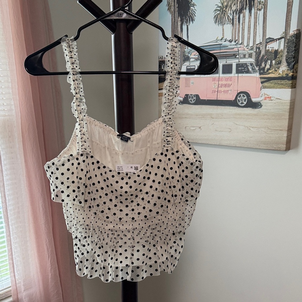 American Eagle Outfitters White and Black Polka Dot Smocked Strap Crop Top